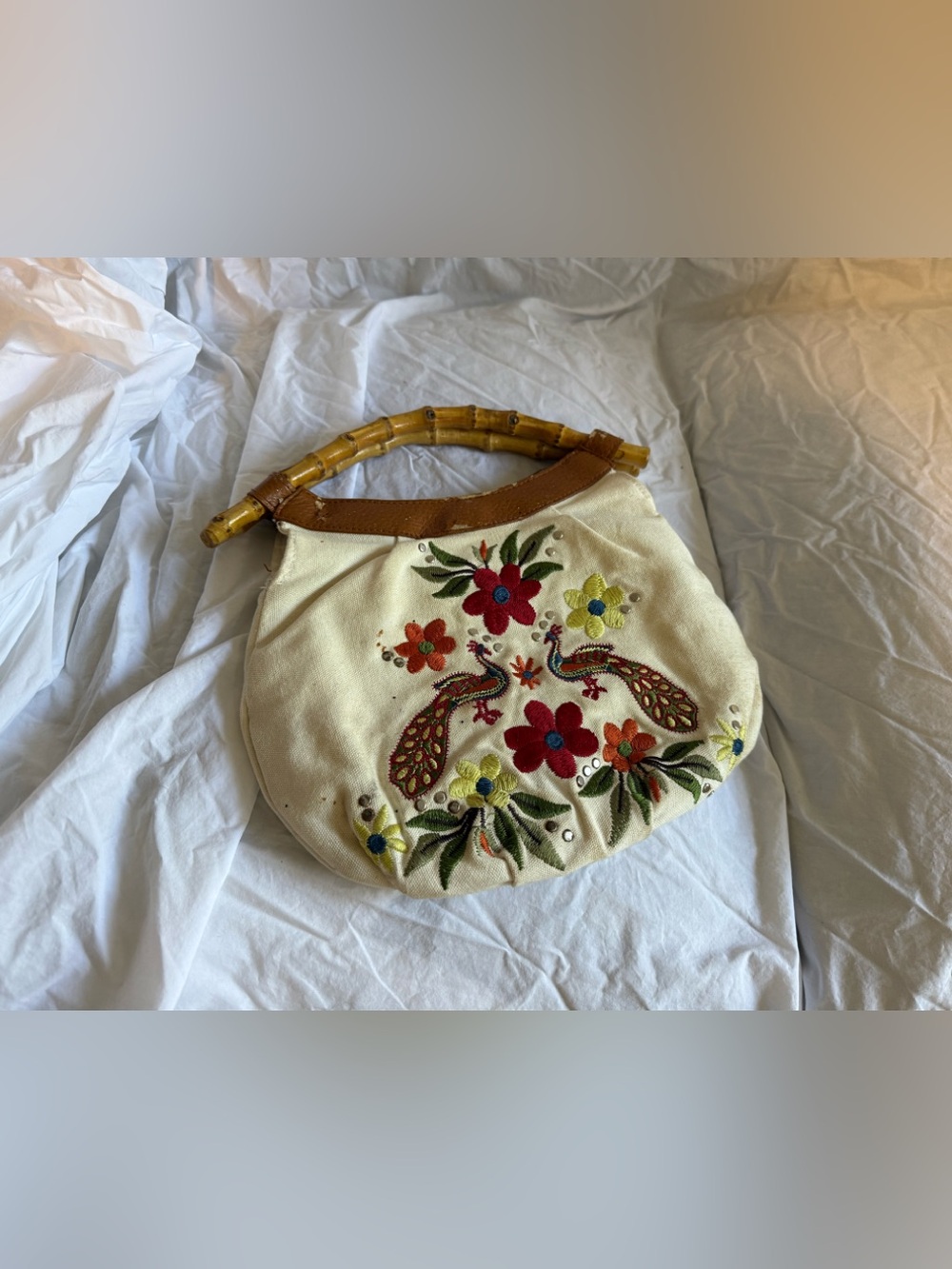 Aldo Cream Embroidered Floral Bamboo-Handle Handbag